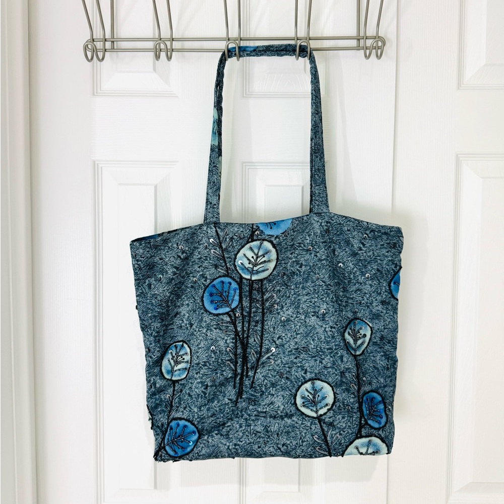 Beaded Blue Floral Tote Bag EUC whimsy abstract design - Picture 2 of 3